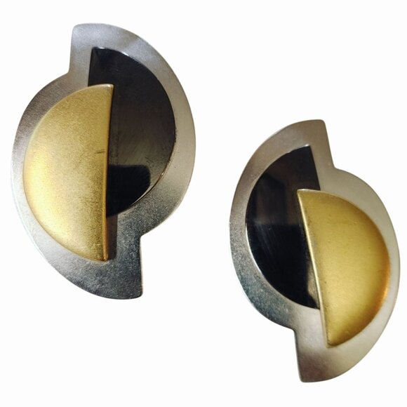 Monet Post Earrings Vintage Geometric Mixed Metal Modernist Brutalist Sculptural - Picture 1 of 13